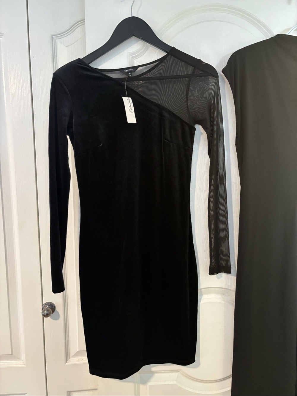 Black One-Shoulder Mesh-Accent Long Sleeve velvet dress